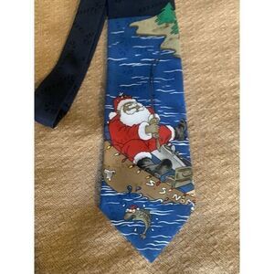 Mens Specialties Hallmark Santa Fishing Christmas Neck Tie 90s Vintage‎